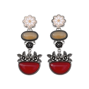 Vintage French style floral earrings with amber stones and red bohemian pendants