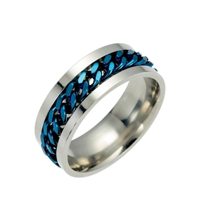 Modern titanium steel rotatable chain ring with blue inlay and silver metallic finish