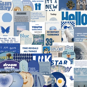 Collage of blue themed waterproof stickers for journals with aesthetic text and patterns