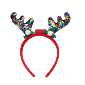 Detail of light-up Christmas reindeer headband with sequins, holly leaves and LED switch