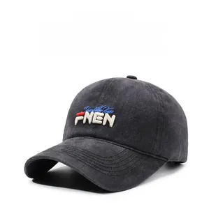 Detail of FNEN embroidery and tricolor stripes on washed cotton baseball cap