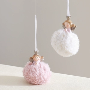 Pendentifs anges en peluche rose et blanc avec visages en résine pour sapin de Noël