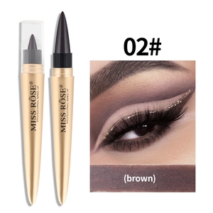 Detail of waterproof eyeliner gel stick 02 Brown with applicator brush and eye makeup look