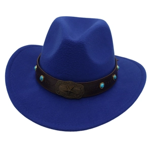 Close-up of blue felt cowboy hat with turquoise beads and bronze star buckle on leather band