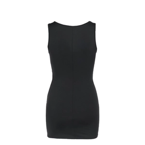 Rear view detail of the slim fit black sleeveless mini dress with ruched texture details