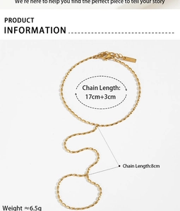 Detail showing the polished gold PVD plated stainless steel hand chain and dimensions