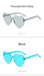 Side view of heart-shaped rimless sunglasses in transparent grey and bright blue colors
