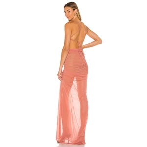 Detail of cross-back tie design and ruched mesh skirt in elegant Morandi pink