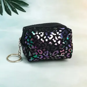 Macro detail of black leopard print coin purse with silver keychain ring and laser finish