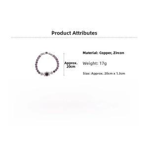 Detail view showing dimensions of purple zircon flower bracelet made of copper and 17g weight