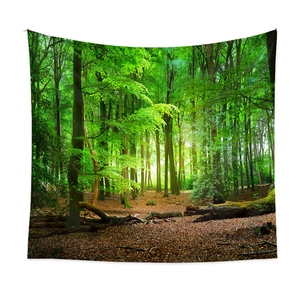 Detailed close-up of a forest landscape tapestry showing vibrant green trees and leaf litter