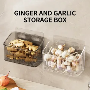 Wall-mounted kitchen storage box for ginger and garlic with clear ribbed texture