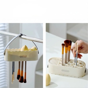 Multifunctional makeup brush drying rack and storage box with hanging handle and cream finish
