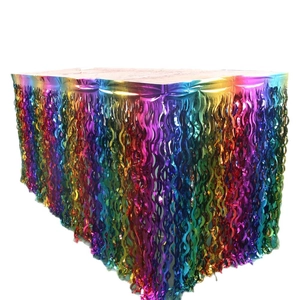Rainbow foil fringe table skirt with metallic gradient for party and wedding decorations