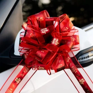 Detail of red macaron pull flower ribbon with gold double happiness logo on car mirror