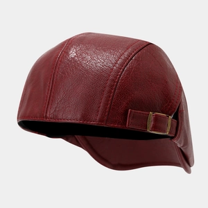 Retro wine red PU leather flat cap with metal side buckle and vintage stitching details