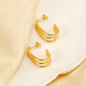 Minimalist 18K gold plated stainless steel triple-layer C-shaped hoop earrings