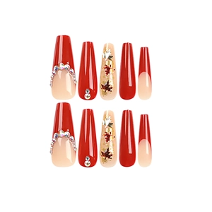 French style long coffin press-on nails with autumn maple leaf patterns and sequins