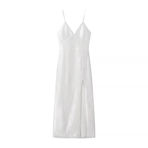 Sexy Weißes Pailletten Maxi Kleid Rückenfrei V Ausschnitt Schlitz Party Abendkleid Damen Elegant Funkelnd Lang