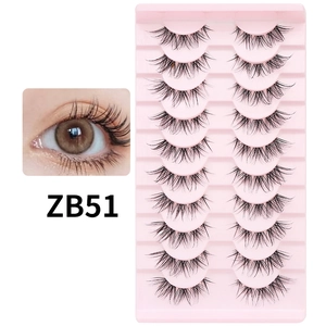 Set of 10 pairs ZB51 natural long false eyelashes on pink tray with on-eye effect view