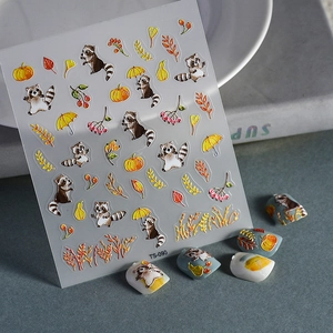 5D Embossed Nail Stickers Autumn Forest Raccoon Pumpkin Maple Leaf Self Adhesive Decals For Manicure Decoration