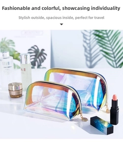 Close-up of holographic TPU cosmetic bags with golden metal zipper and iridescent finish