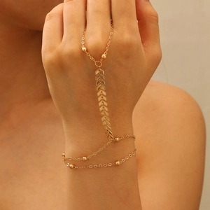 Detail of a golden alloy hand chain with arrow-shaped plates and small beads on a model's hand
