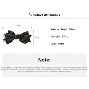 Detailed size chart showing a 14x7cm satin polka dot bow hair clip made of acrylic