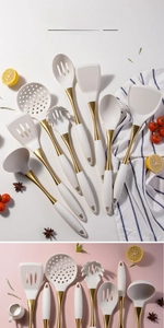 Detailed view of cream silicone kitchen utensils set with elegant gold plated handles