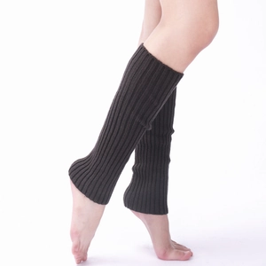 Detailed view of dark charcoal ribbed knit leg warmers showing texture and elastic cuffs