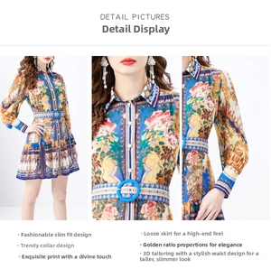 Detailed view of floral mini dress featuring lapel collar, lantern sleeves and waist belt