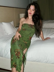 Robe Midi Bustier Sexy Femme Imprimé Fleuri Mesh Double Couche Coupe Ajustée Fente Latérale Ourlet Volanté Vacances Été