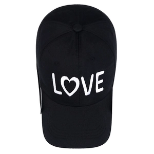 Black baseball cap with white LOVE heart embroidery and trendy long strap design