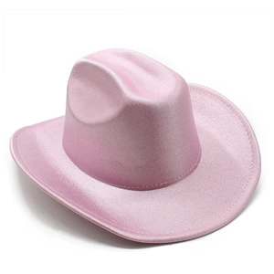 Close-up of pink pearlescent cowboy hat showing fine metallic finish and stitched brim
