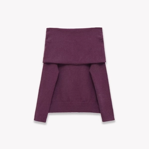 Elegant deep purple long sleeve off-shoulder knit sweater with ribbed texture for women