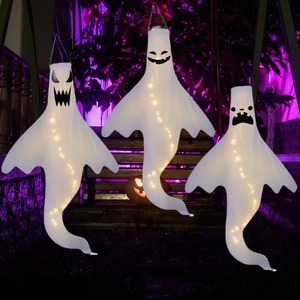 Halloween Glowing Ghost Windsock Hanging Decor LED Light Up Polyester Fabric Outdoor Garden Yard Party Ornament