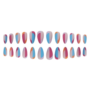 Abstract geometric press-on nails in bold fuchsia, blue, and orange almond shapes