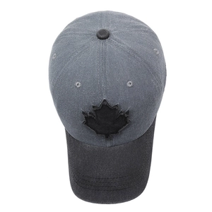 Vintage washed cotton baseball cap with maple leaf patch and two-tone grey black panels