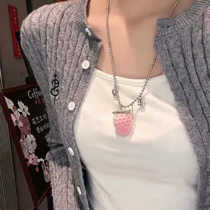 Elegant stainless steel ball chain necklace featuring a 3D pink strawberry pendant and charms