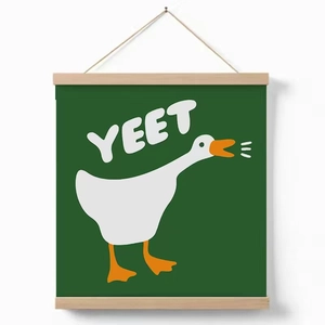 Minimalist white duck wood scroll wall art with Yeet text on green canvas for home decor