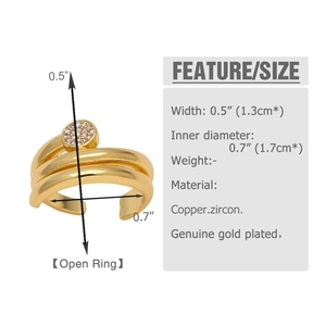 Detailed size specifications for irregular gold plated open ring with zircon inlay