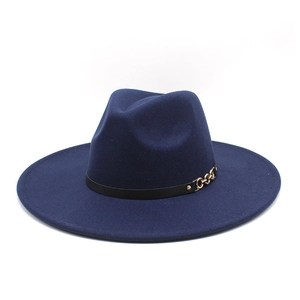 Navy blue wool fedora hat with wide brim, black leather band and gold chain accent