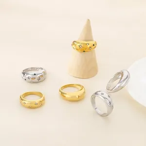 Stainless Steel Dome Rings For Women Star Engraved Colorful Zircon Inlaid High Polished Minimalist French Style Jewelry