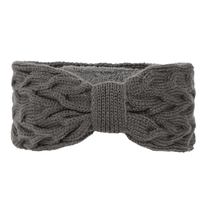 Detail of dark grey cable knit headband with warm faux sherpa fleece lining inside