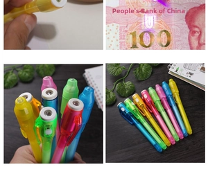 Detail of invisible ink pen nib and UV light demonstration for counterfeit detection