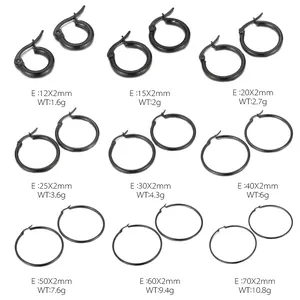 Size chart for black stainless steel hoop earrings ranging from 12mm to 70mm diameters