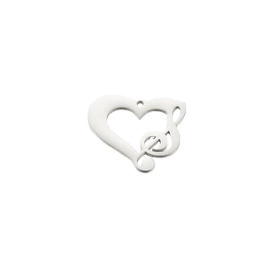 Polished stainless steel heart pendant combined with a musical treble clef on white background