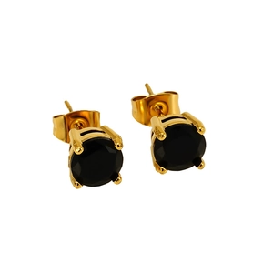 Detailed view of gold-plated stainless steel earrings with black cubic zirconia in 4-prong setting