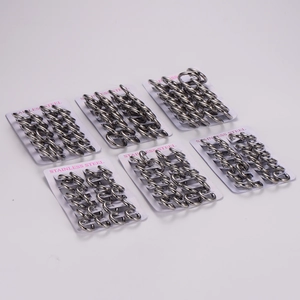Detailed close-up of premium stainless steel spring ring clasps on product display cards