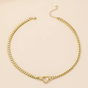 Polished 18K gold-plated stainless steel heart pendant necklace with thick cuban chain links